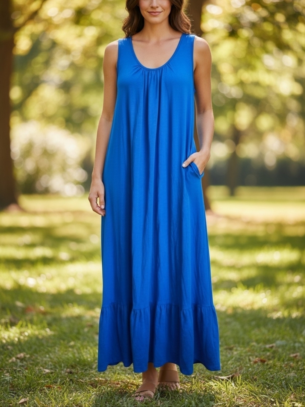 Sleeveless Blue Maxi Dress with Ruffle Hem